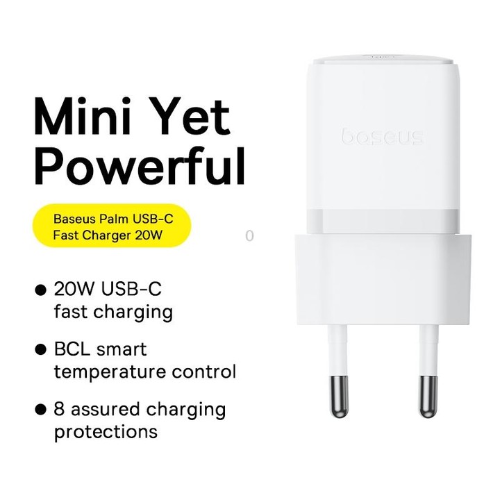 Baseus 1C 20W Type-C Palm Fast Charger, Plug:EU Plug(White)