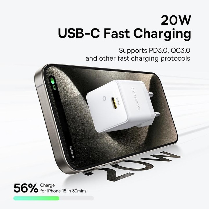 Baseus 1C 20W Type-C Palm Fast Charger, Plug:EU Plug(White)