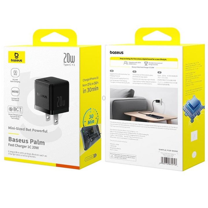 Baseus 1C 20W Type-C Palm Fast Charger, Plug:US Plug(Black)