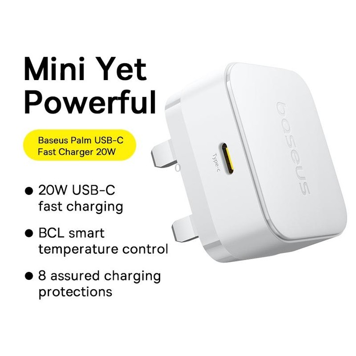 Baseus 1C 20W Type-C Palm Fast Charger, Plug:UK Plug(White)