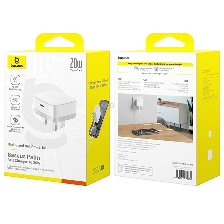 Baseus 1C 20W Type-C Palm Fast Charger, Plug:UK Plug(White)