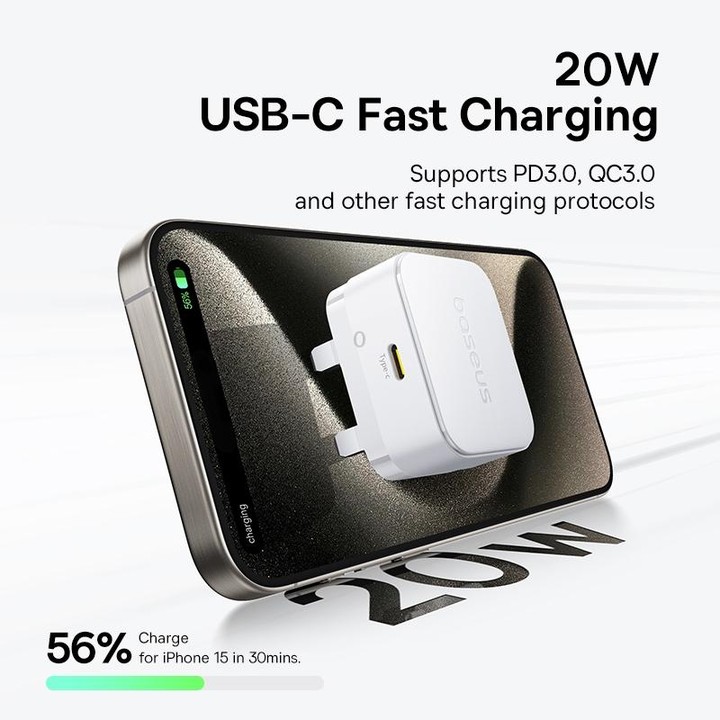Baseus 1C 20W Type-C Palm Fast Charger, Plug:UK Plug(White)