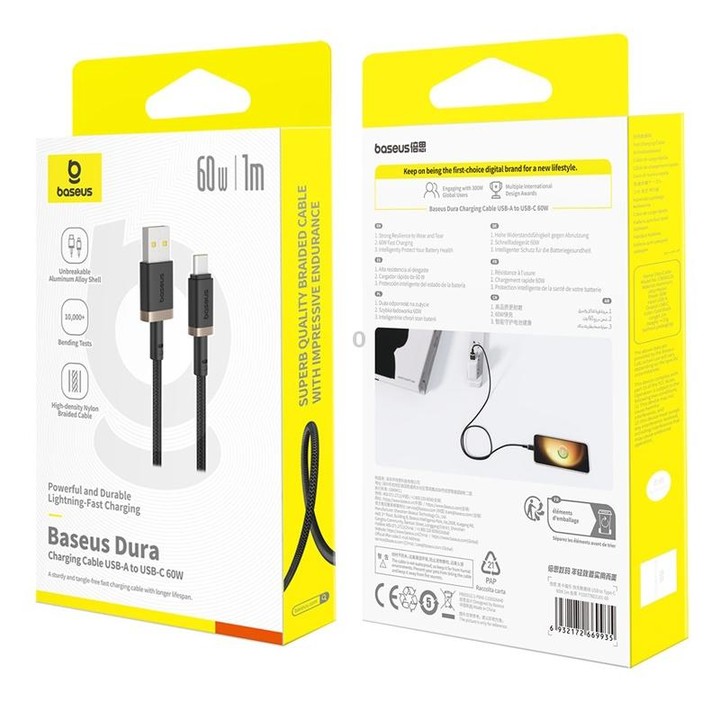 Baseus Dura Series USB to USB-C / Type-C 60W Fast Charging Cable, Length:1m(Gold Black)