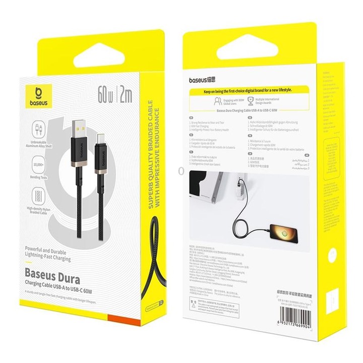 Baseus Dura Series USB to USB-C / Type-C 60W Fast Charging Cable, Length:2m(Gold Black)
