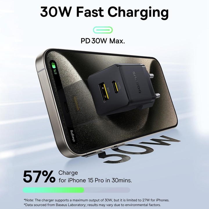 Baseus PD30W USB, USB-C / Type-C Fast Charger, Plug Type:EU Plug(Black)