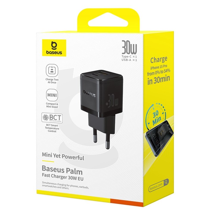 Baseus PD30W USB, USB-C / Type-C Fast Charger, Plug Type:EU Plug(Black)
