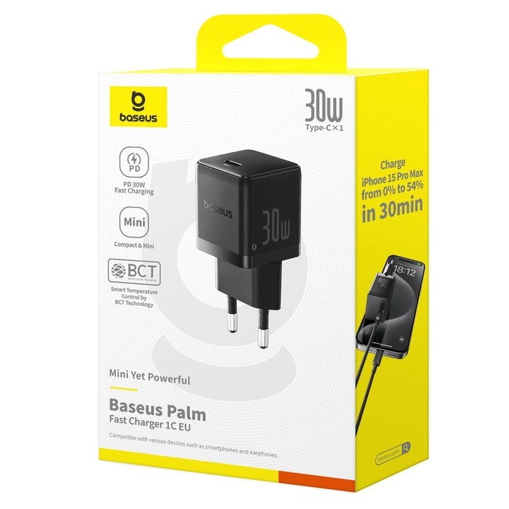 Baseus PD30W USB-C / Type-C Fast Charger, Plug Type:EU Plug(Black)
