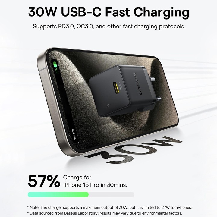 Baseus PD30W USB-C / Type-C Fast Charger, Plug Type:EU Plug(Black)