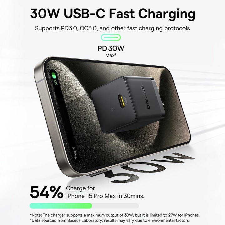 Baseus PD30W USB-C / Type-C Fast Charger, Plug Type:US Plug(Black)