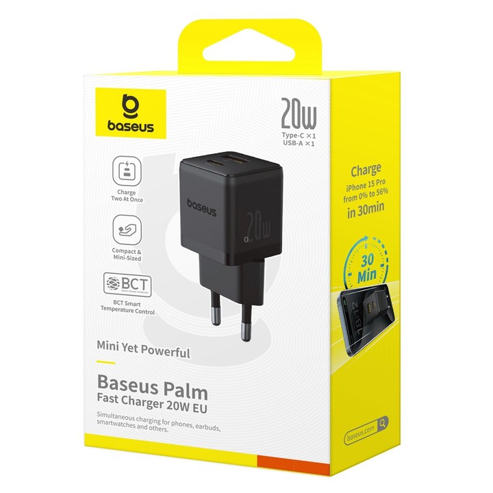 Baseus PD20W USB, USB-C / Type-C Fast Charger, Plug Type:EU Plug(Black)
