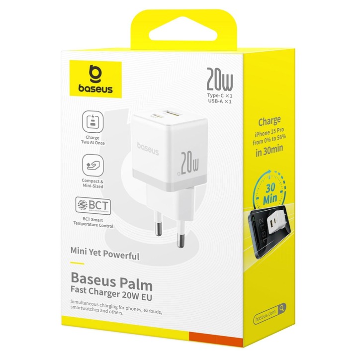 Baseus PD20W USB, USB-C / Type-C Fast Charger, Plug Type:EU Plug(White)