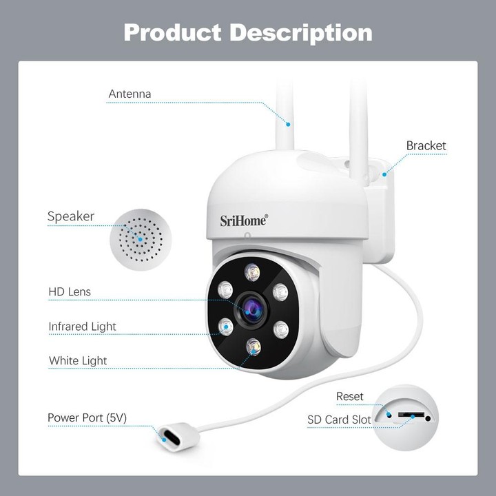 SriHome SH061 2MP 2.4G WiFi AI Humanoid Tracking Infrared Night Vision Camera(US Plug)