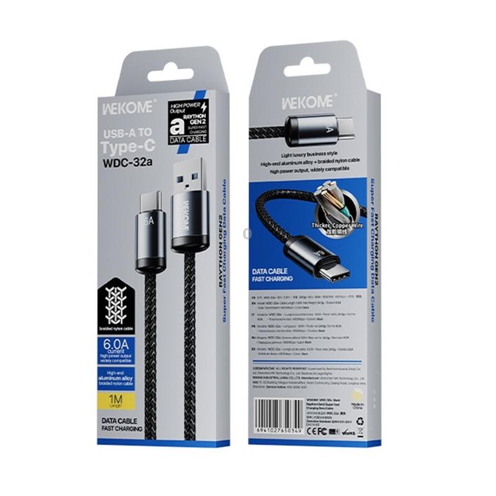 WK WDC-32a Raython Gen2 1m 6A USB to Type-C Fast Charging Data Cable(Black)