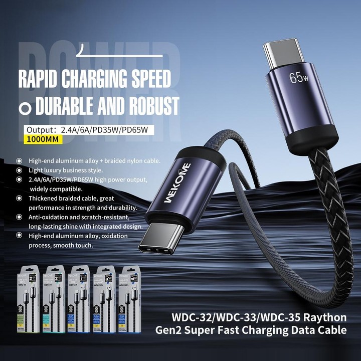 WK WDC-35 Raython Gen2 1m PD65W Type-C to Type-C Fast Charging Data Cable(Black)