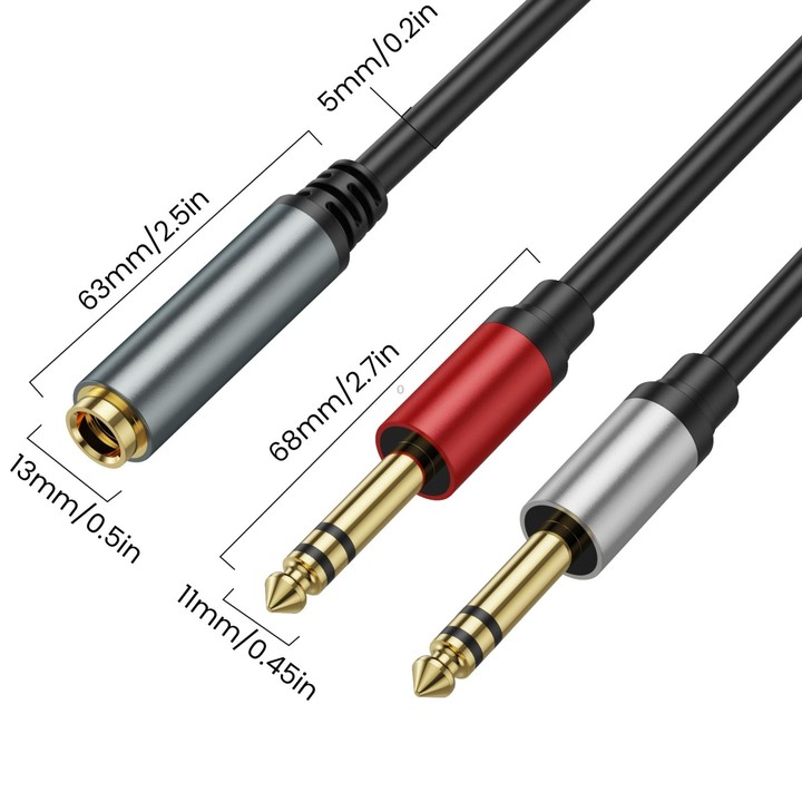 1m Gold Plated 6.35mm Female to 2 x 6.35mm Male Stereo Audio Adapter Y Splitter Cable(Black)