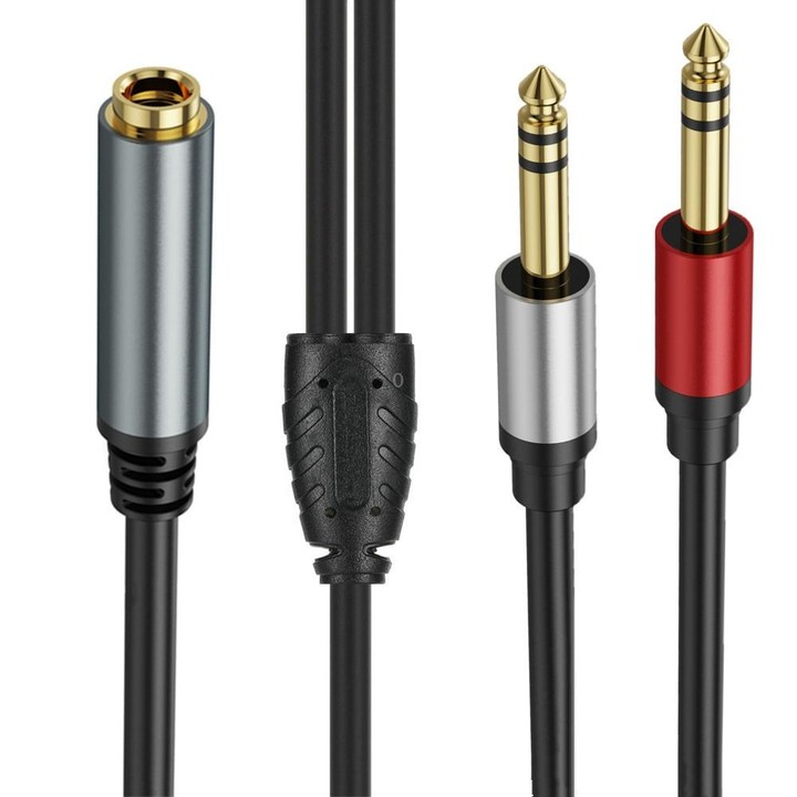 2m Gold Plated 6.35mm Female to 2 x 6.35mm Male Stereo Audio Adapter Y Splitter Cable(Black)
