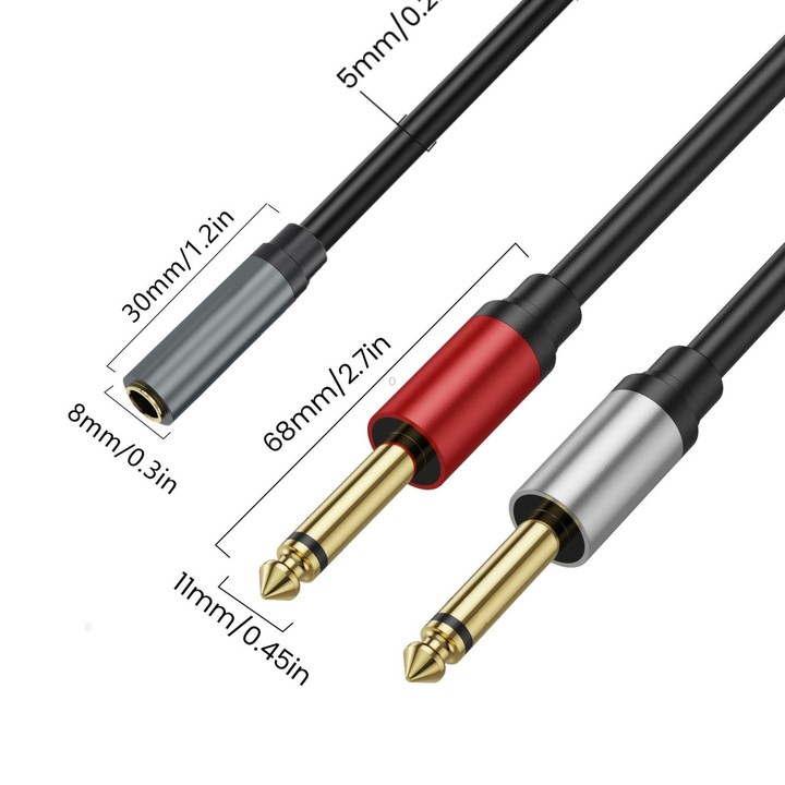 2m Gold Plated 3.5mm TRS Female to 2 x 6.35mm TS Male Mono Y Splitter Adapter Audio Cable(Black)