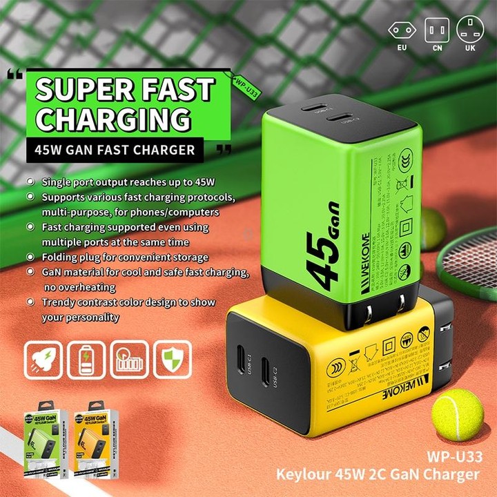 WK WP-U33 45W USB-C / Type-Cx2 GaN Fast Charger, Plug Type:EU Plug(Yellow)