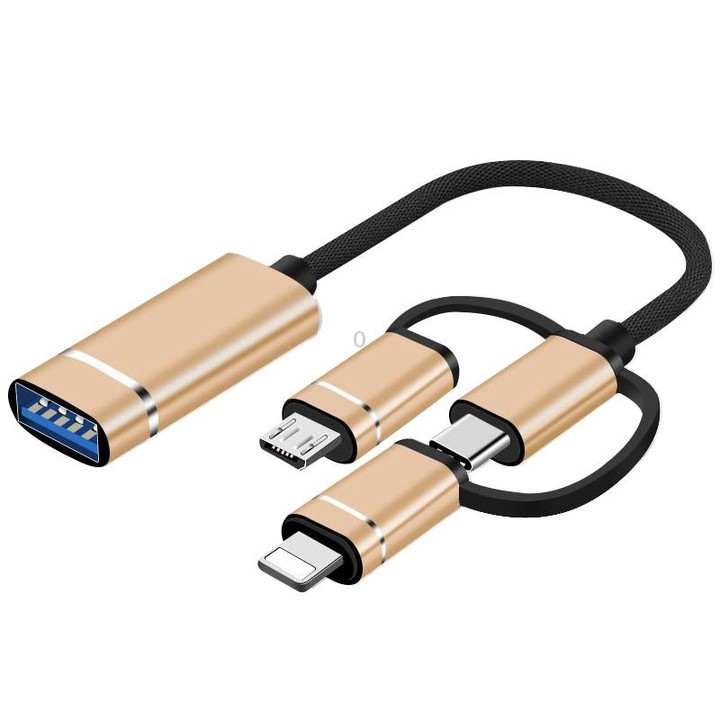 3 in 1 USB Female to Micro USB, Type-C, 8 Pin Male OTG Adapter(Gold)