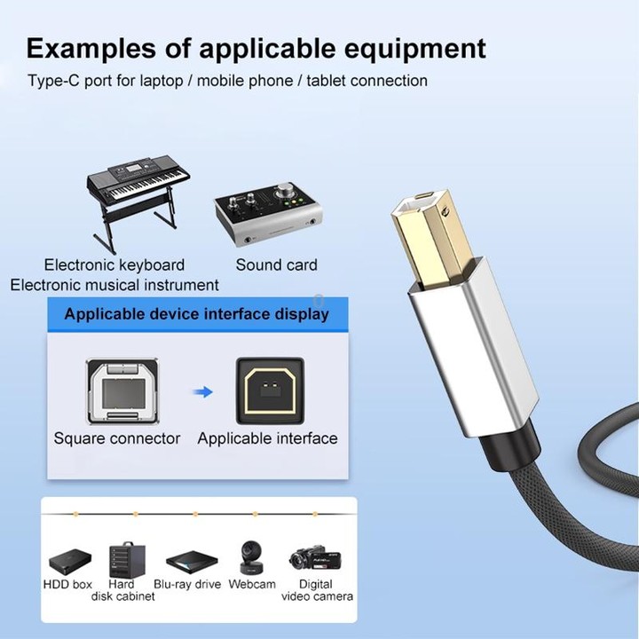2 in 1 Type-C and USB-A to USB-B MIDI Instruments Printer Cable, Length: 1m, Length:1m(Blue)
