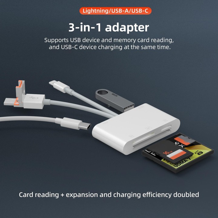 NK-1011TL Pro USB-C / Type-C, 8 Pin, USB to USB-C / Type-C, USB, CF, TF, SD Card Slot Card Reader Adapter(White)