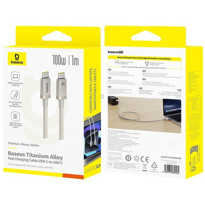 Baseus Titanium Alloy Series 100W USB-C / Type-C to Type-C Fast Charging Cable, Length:1m(Gold)
