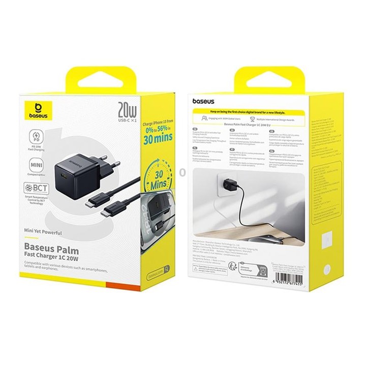 Baseus PD20W USB-C / Type-C Fast Charger With 1m Type-C Cable, Plug Type:EU Plug(Black)