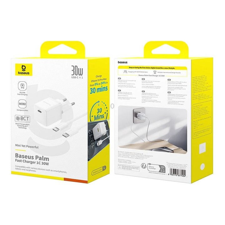 Baseus PD30W USB-C / Type-C Fast Charger With 1m Type-C Cable, Plug Type:EU Plug(White)