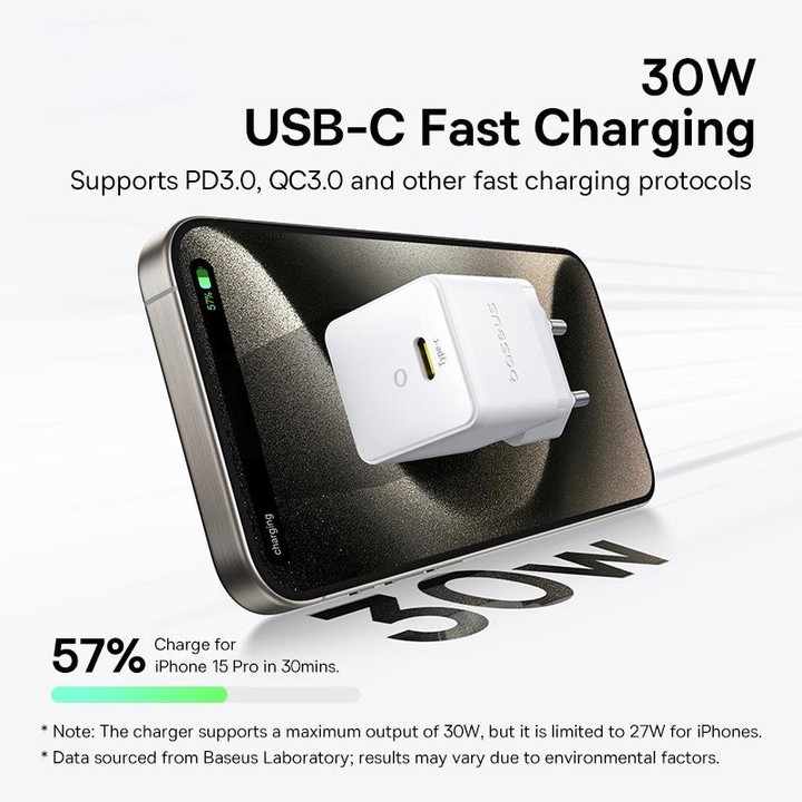 Baseus PD30W USB-C / Type-C Fast Charger With 1m Type-C Cable, Plug Type:EU Plug(White)