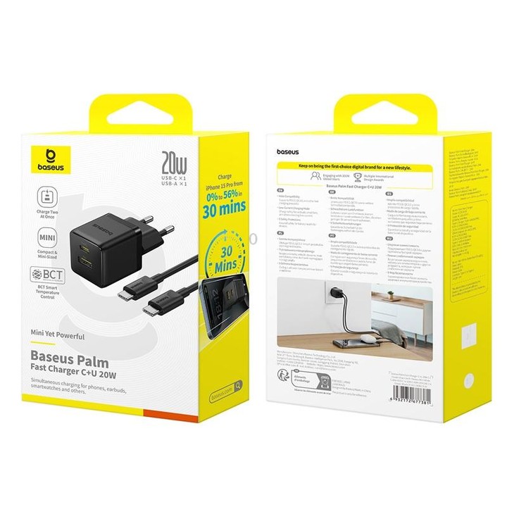 Baseus PD20W USB and USB-C / Type-C Fast Charger With 1m Type-C Cable, Plug Type:EU Plug(Black)