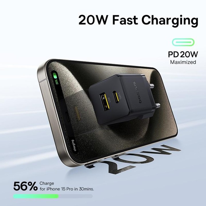 Baseus PD20W USB and USB-C / Type-C Fast Charger With 1m Type-C Cable, Plug Type:EU Plug(Black)