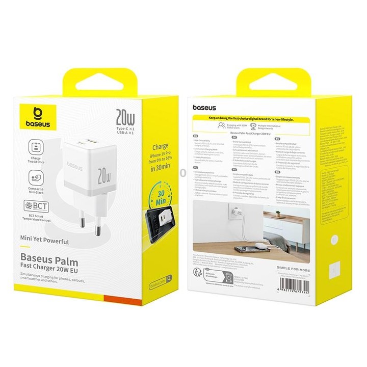 Baseus PD20W USB and USB-C / Type-C Fast Charger With 1m Type-C Cable, Plug Type:EU Plug(White)