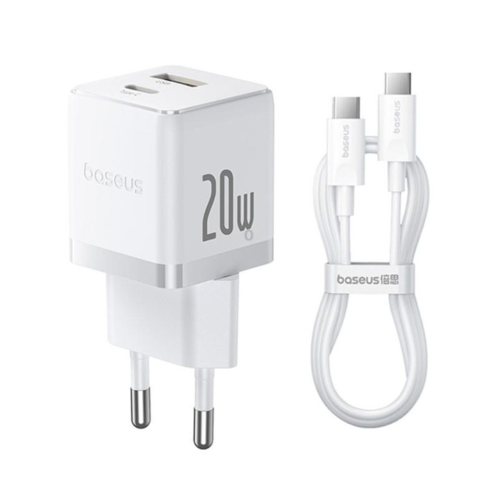 Baseus PD20W USB and USB-C / Type-C Fast Charger With 1m Type-C Cable, Plug Type:EU Plug(White)