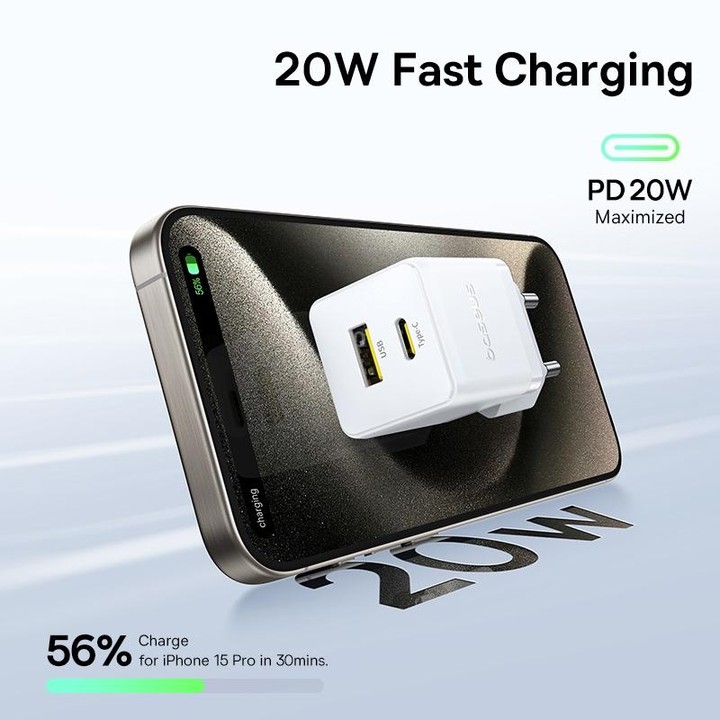 Baseus PD20W USB and USB-C / Type-C Fast Charger With 1m Type-C Cable, Plug Type:EU Plug(White)
