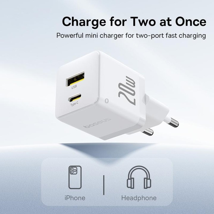 Baseus PD20W USB and USB-C / Type-C Fast Charger With 1m Type-C Cable, Plug Type:EU Plug(White)