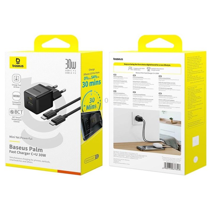 Baseus PD30W USB and USB-C / Type-C Fast Charger With 1m Type-C Cable, Plug Type:EU Plug(Black)
