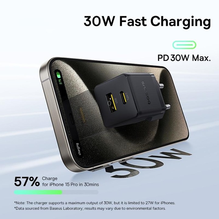 Baseus PD30W USB and USB-C / Type-C Fast Charger With 1m Type-C Cable, Plug Type:EU Plug(Black)