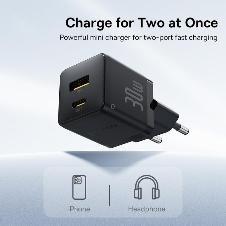 Baseus PD30W USB and USB-C / Type-C Fast Charger With 1m Type-C Cable, Plug Type:EU Plug(Black)