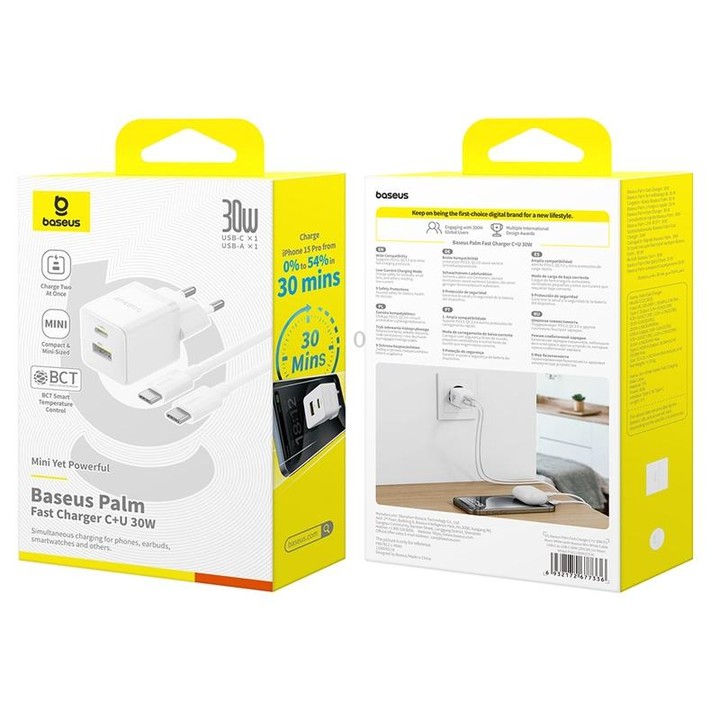 Baseus PD30W USB and USB-C / Type-C Fast Charger With 1m Type-C Cable, Plug Type:EU Plug(White)