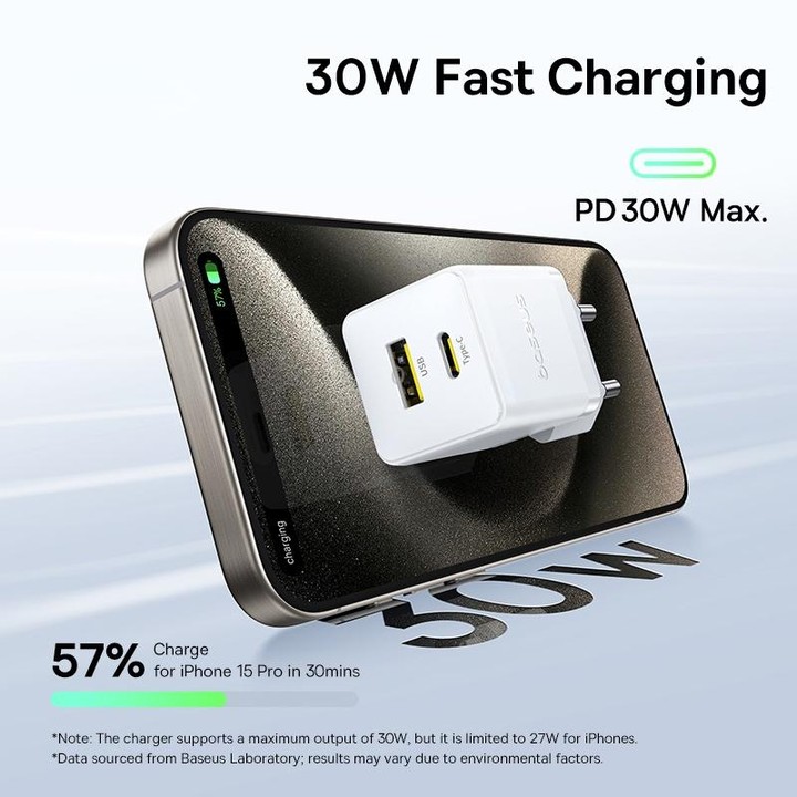Baseus PD30W USB and USB-C / Type-C Fast Charger With 1m Type-C Cable, Plug Type:EU Plug(White)
