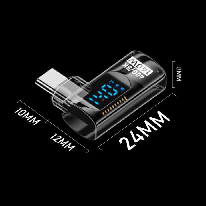 Type-C Male to Type-C Female Smart Digital Display Side Bend Charging Adapter(Black)
