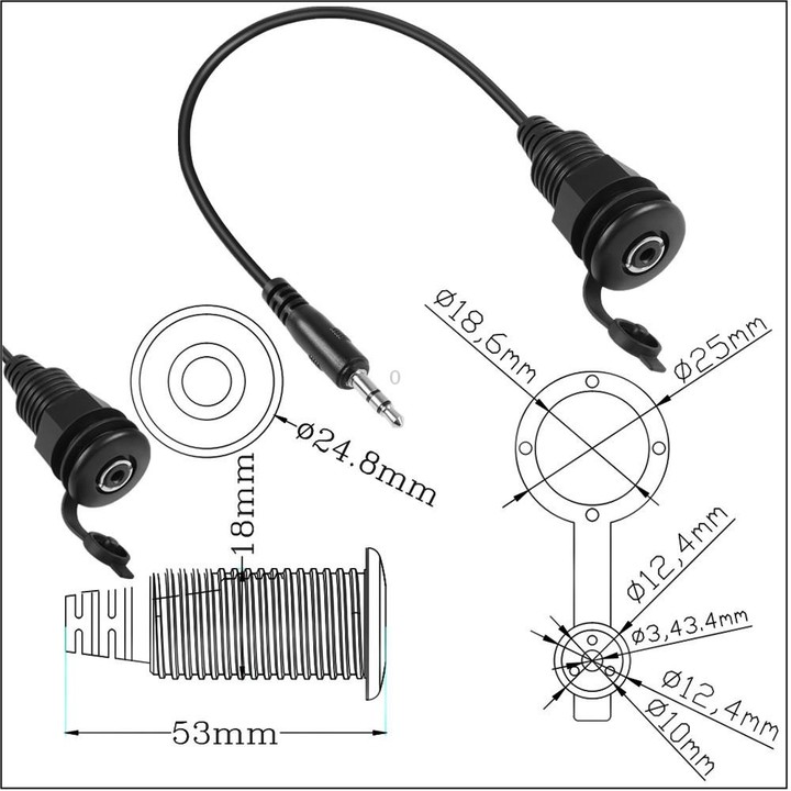 3.5mmTRS Stereo Thread Fixed Embedded Ground Plug Panel Audio Cable, Length: 0.3m(Male to Female)