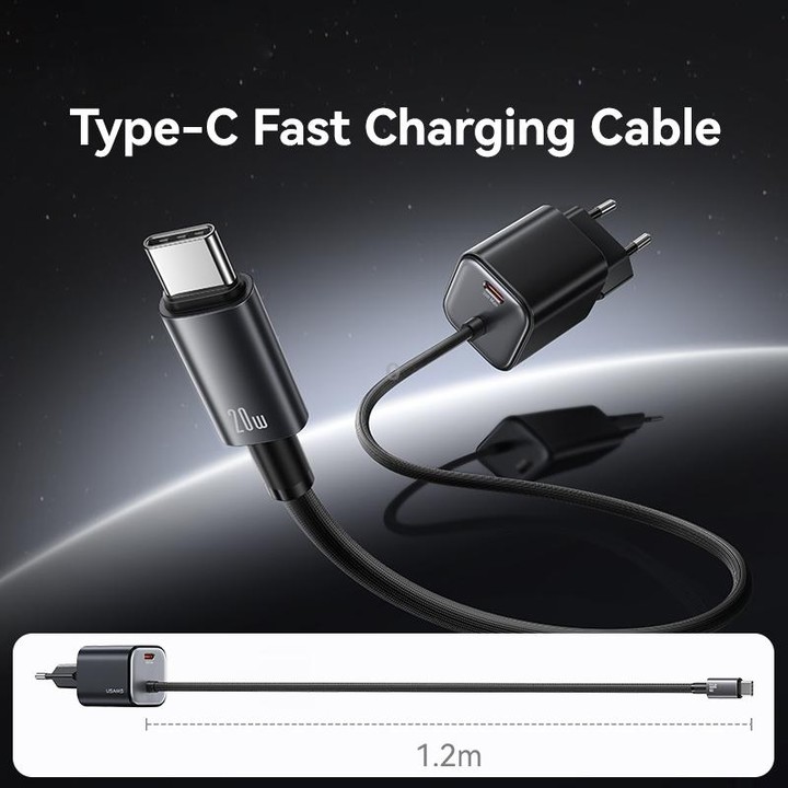 USAMS CC261 20W GaN Mini Type-C / USB-C Dual Port Fast Charger with Cable, EU Plug(Black)