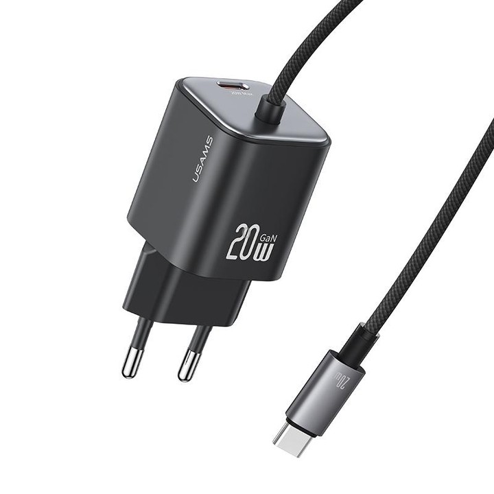 USAMS CC261 20W GaN Mini Type-C / USB-C Dual Port Fast Charger with Cable, EU Plug(Black)