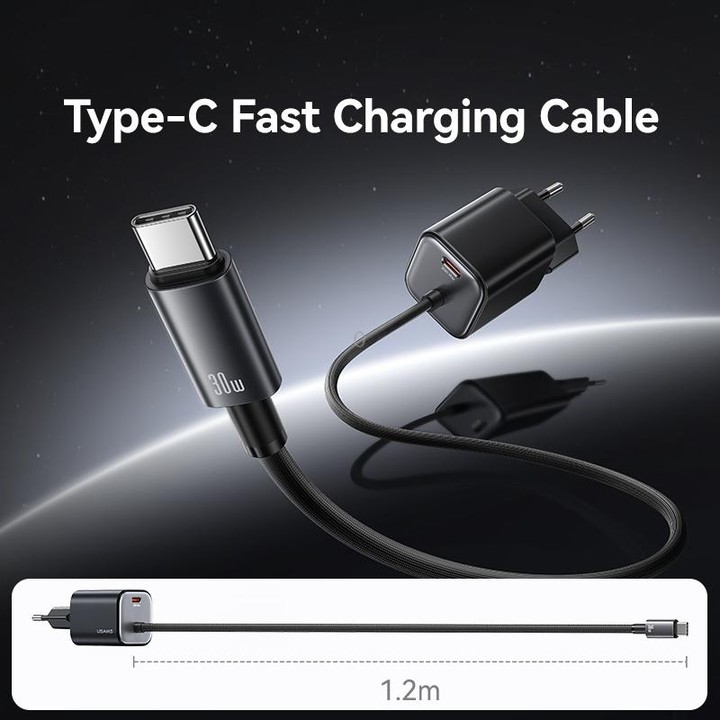 USAMS CC264 30W GaN Mini Type-C / USB-C Dual Port Fast Charger with Cable, EU Plug(Black)