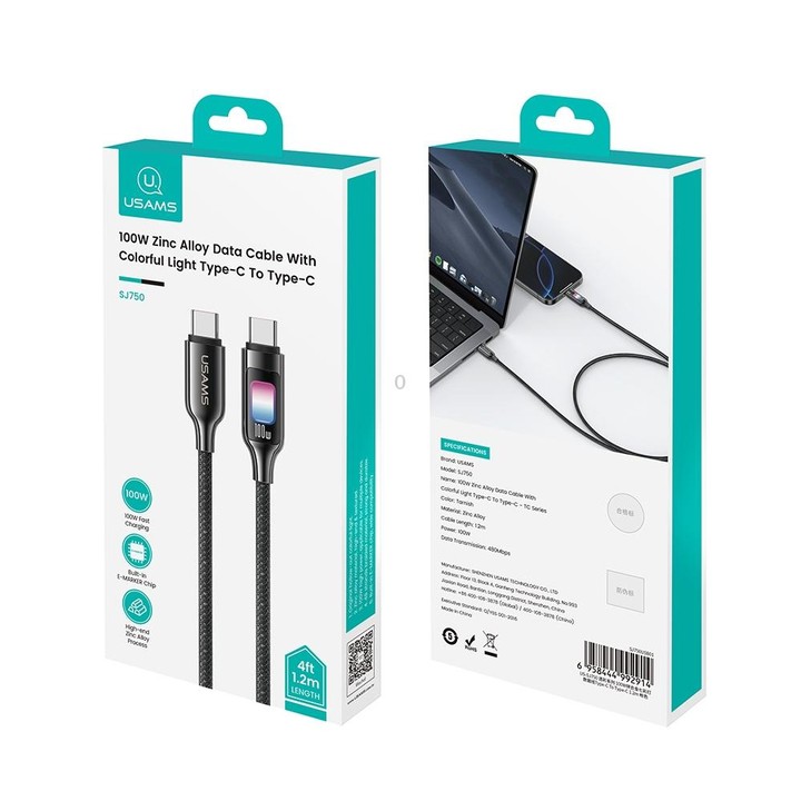 USAMS SJ750 100W Type-C / USB-C to Type-C / USB-C Zinc Alloy Data Cable with Colorful Light, Length:1.2m(Tarnish)