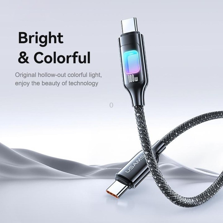 USAMS SJ750 100W Type-C / USB-C to Type-C / USB-C Zinc Alloy Data Cable with Colorful Light, Length:1.2m(Tarnish)