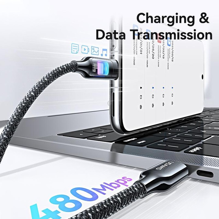 USAMS SJ750 100W Type-C / USB-C to Type-C / USB-C Zinc Alloy Data Cable with Colorful Light, Length:1.2m(Tarnish)
