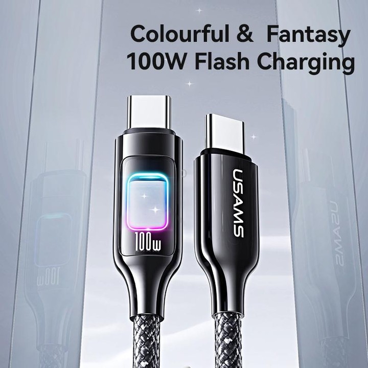 USAMS SJ750 100W Type-C / USB-C to Type-C / USB-C Zinc Alloy Data Cable with Colorful Light, Length:1.2m(Tarnish)