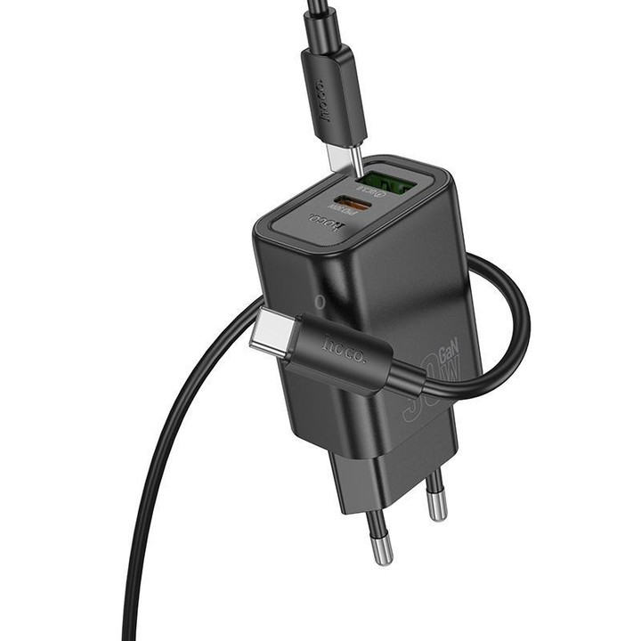 hoco N63 PD30W+QC3.0 Charger Set with 1m Type-C to Type-C Cable, Specification:EU Plug(Black)
